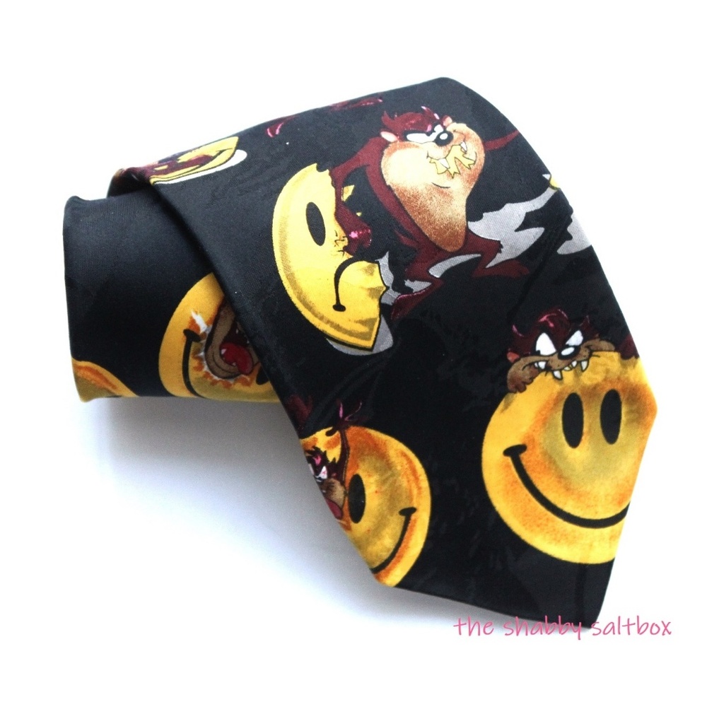 Tie Men's Emoji Smile & Tasmanian Devil 1996 Vintage Looney Tunes Novelty Smiley